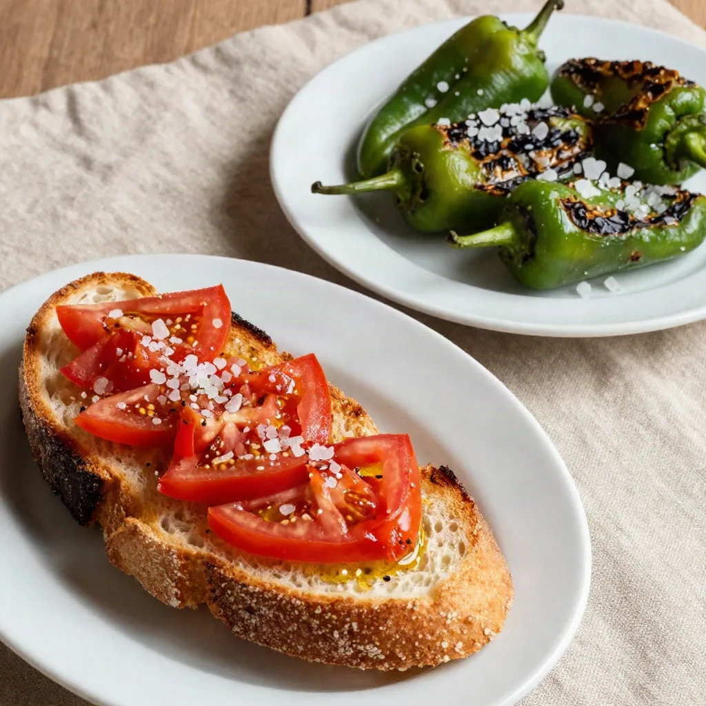 Pan con Tomate auf Sauerteig-Scheiben neben gebräunten Padrón-Paprikas mit Fleur de Sel auf weißen Tellern