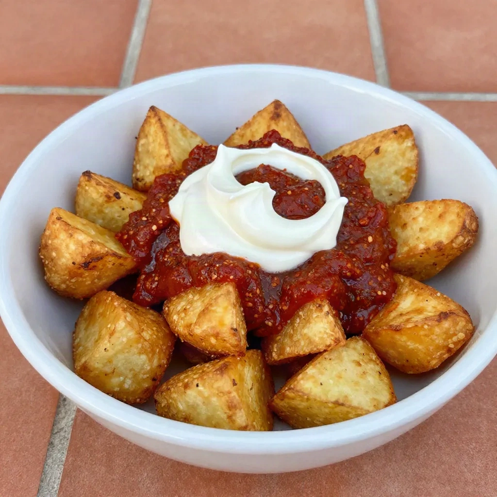 Patatas Bravas in einer weißen Schüssel mit tiefroter Paprika-Sauce und cremiger Alioli