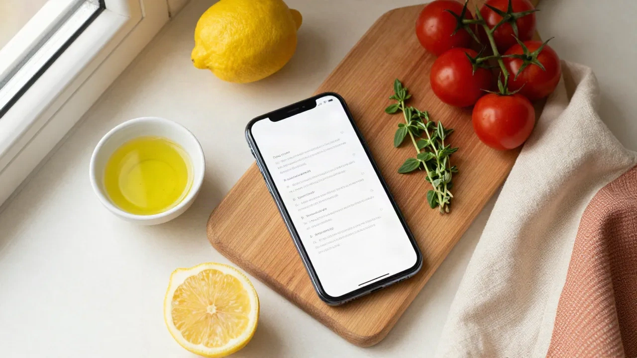 Teléfono mostrando una ficha de recetario digital limpia junto a ingredientes frescos mediterráneos
