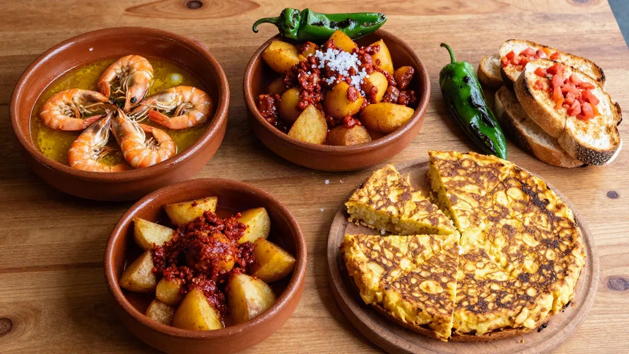 Kırsal bir ahşap masada beş klasik İspanyol tapas yayılmış, sıcak Akdeniz ışığı