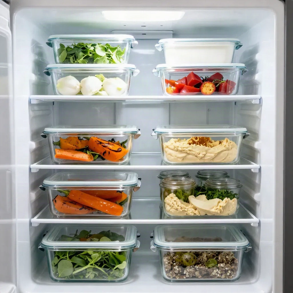 Contenitori di vetro per meal prep mediterranei organizzati in frigorifero con ingredienti disposti