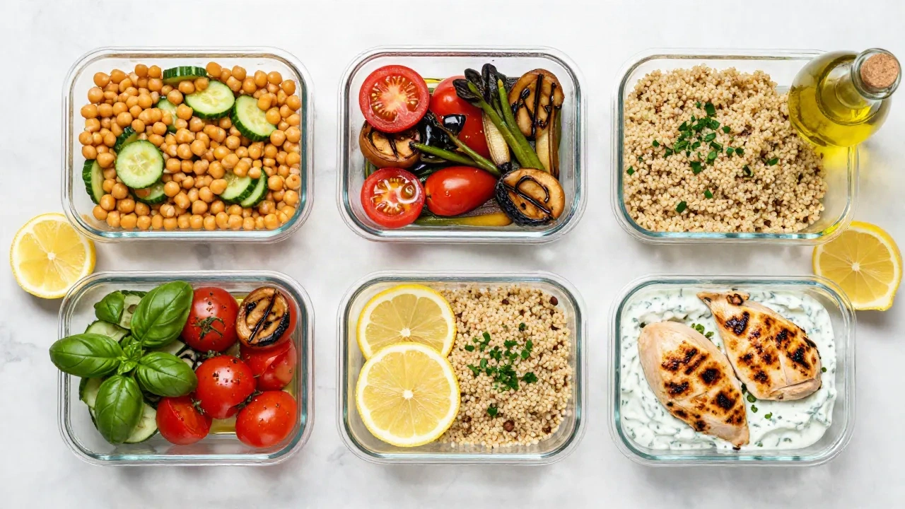 Pojemniki do meal prep ze śródziemnomorskimi składnikami na marmurowym blacie z świeżymi ziołami i oliwą z oliwek