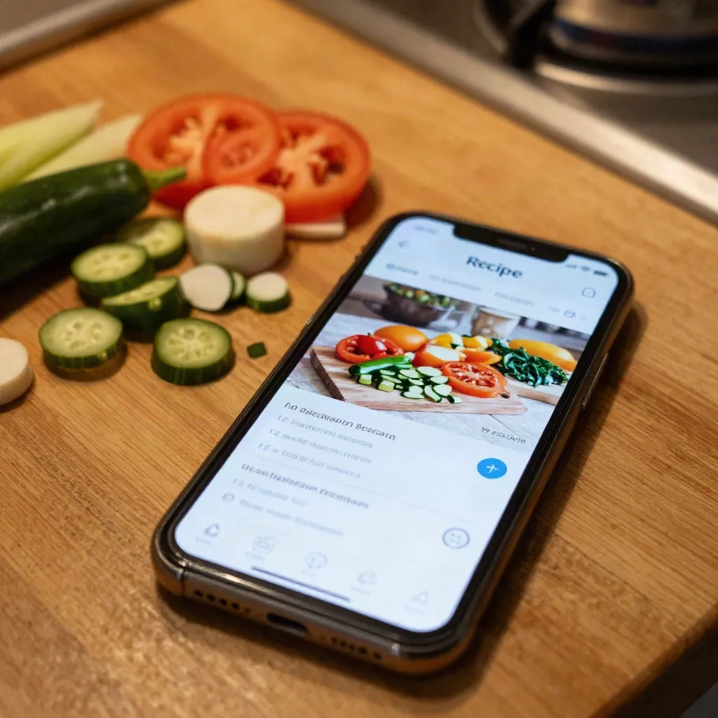 Smartphone showing a recipe app on a kitchen counter surrounded by fresh ingredients and chopped vegetables