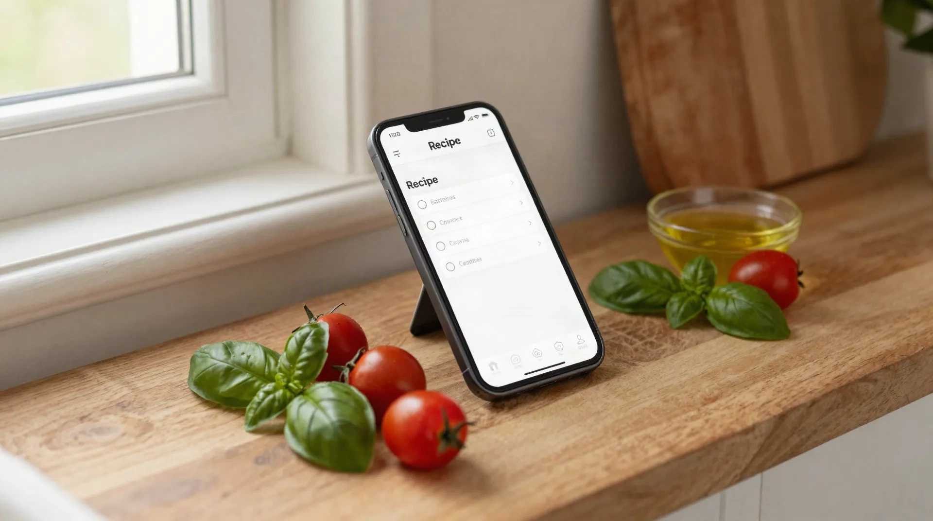 Smartphone che mostra un'app di ricette su un bancone di cucina circondato da pomodori freschi, basilico e olio d'oliva