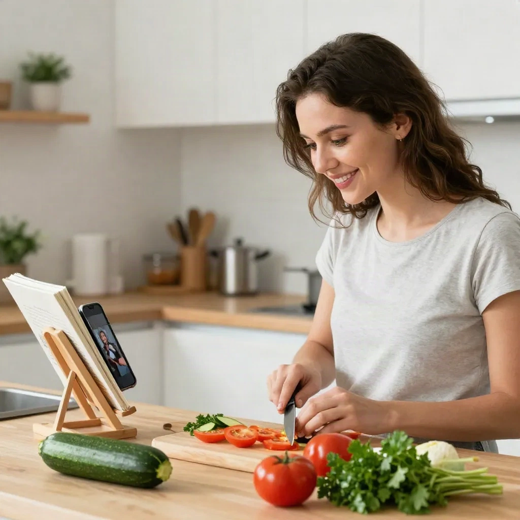 Persona che guarda un video di cucina nello smartphone mentre prepara verdure in cucina