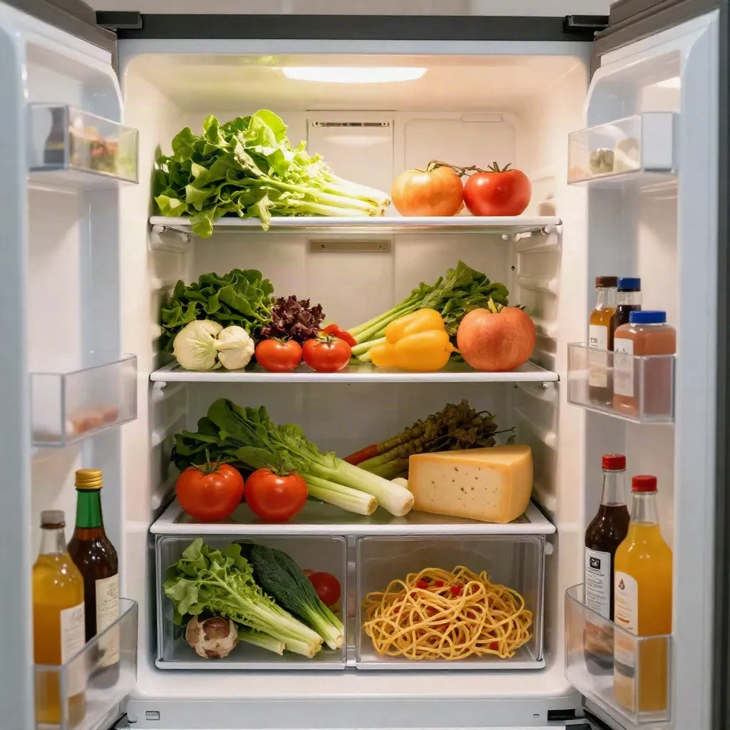 Open refrigerator showing organized fresh produce, vegetables, eggs and condiments ready for meal prep