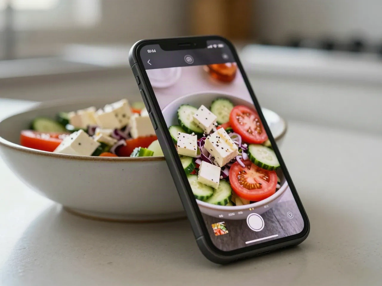 Phone leaning on a bowl of Greek salad while a cooking video plays on screen