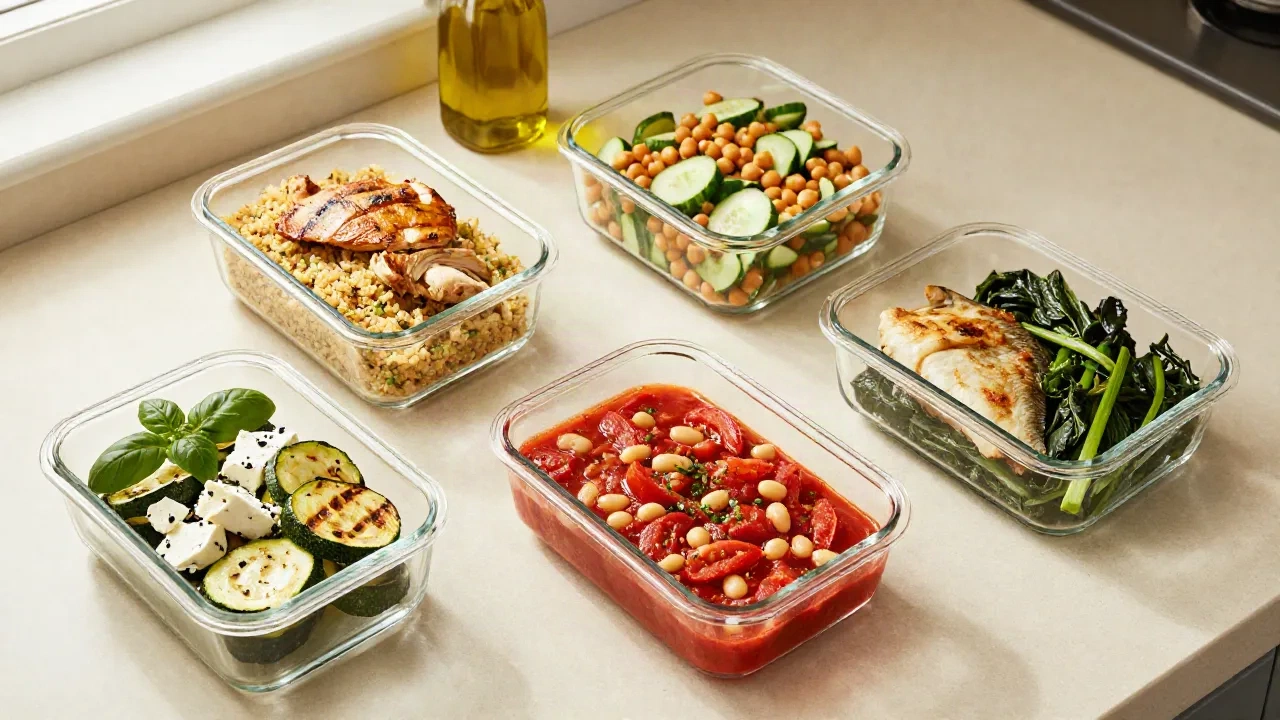 Fünf Glasbehälter mit mediterranen Mittagessen auf einer cremefarbenen Küchenarbeitsfläche