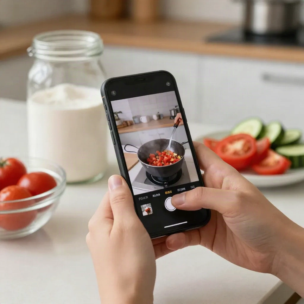 Téléphone posé dans une cuisine, lisant une vidéo de cuisine à côté de tomates coupées