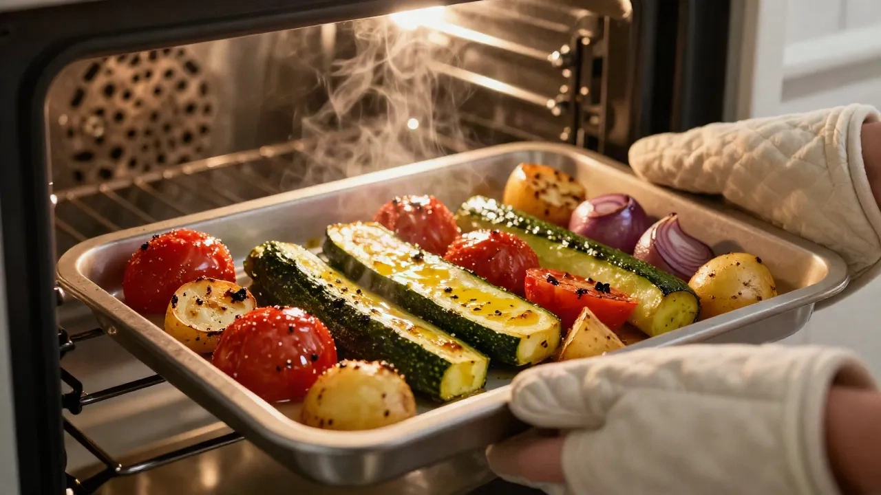 Tray of roasted Mediterranean vegetables being taken out of a hot oven