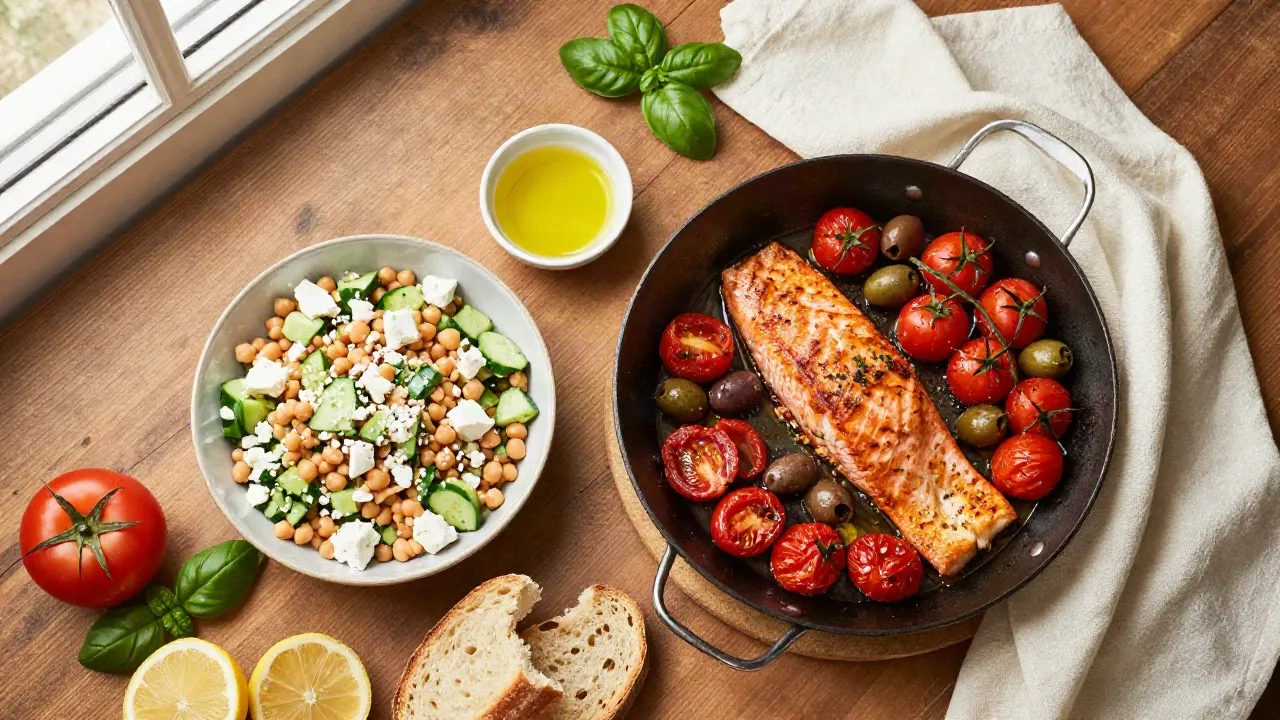 Vista dall'alto di una cena mediterranea infrasettimanale con salmone al forno, insalata di ceci, olio d'oliva e pane