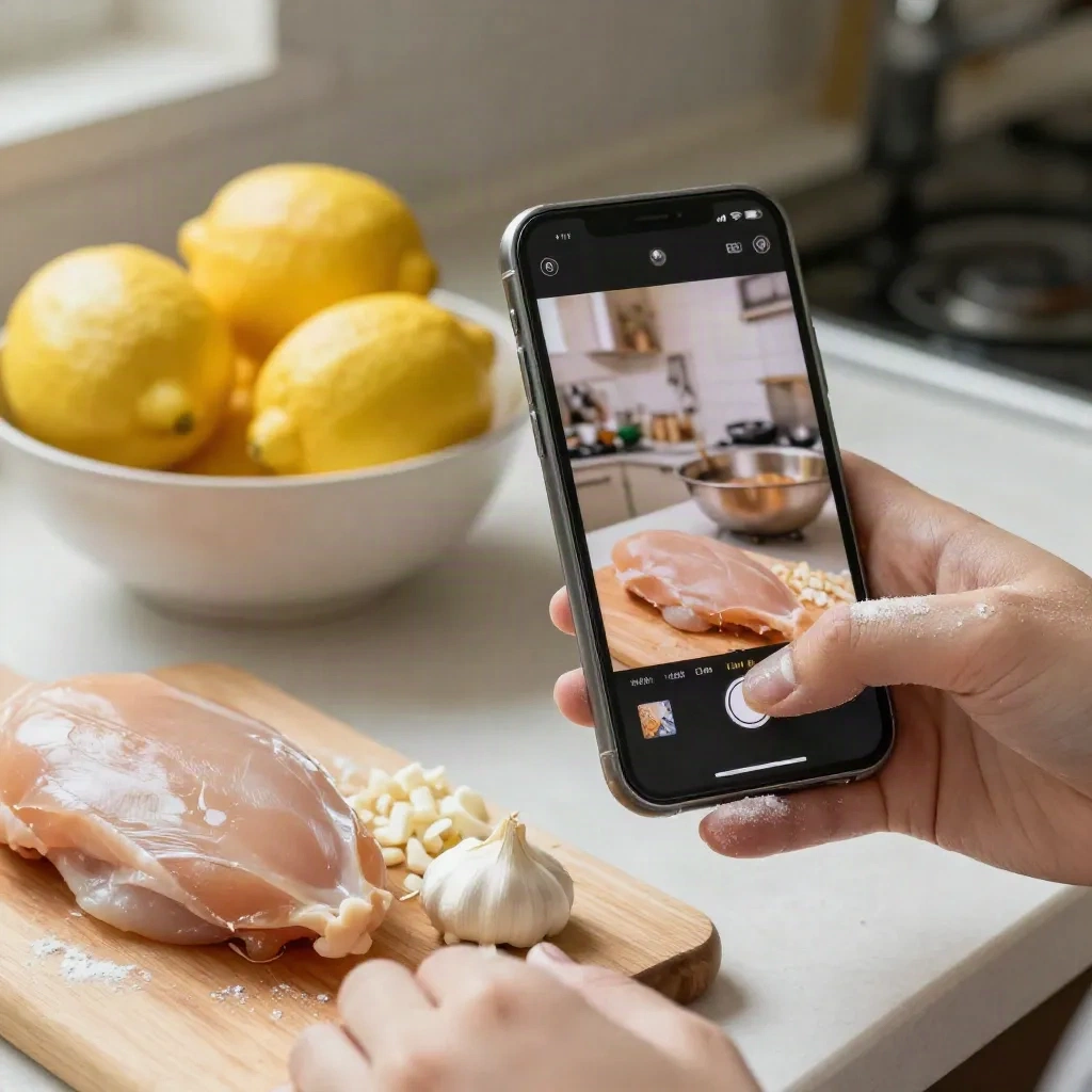 Phone filming a chicken breast on a cutting board next to garlic and a bowl of lemons