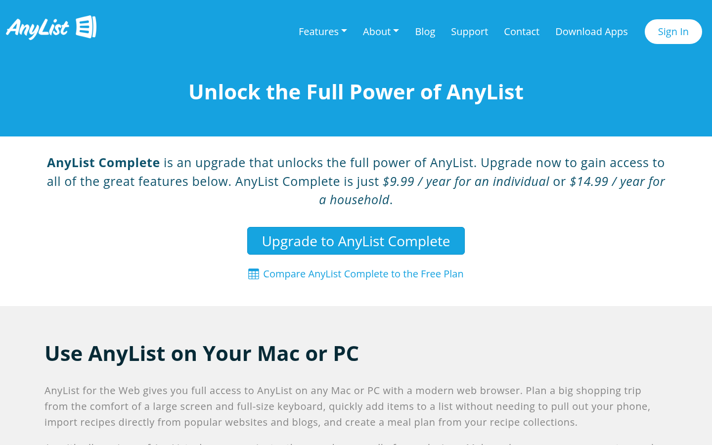 Page Complete d'AnyList affichant $9.99 et $14.99 par an