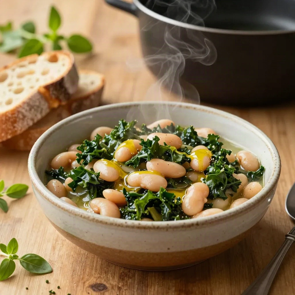 Mangkuk sup kacang putih dan kale dengan minyak zaitun dan roti