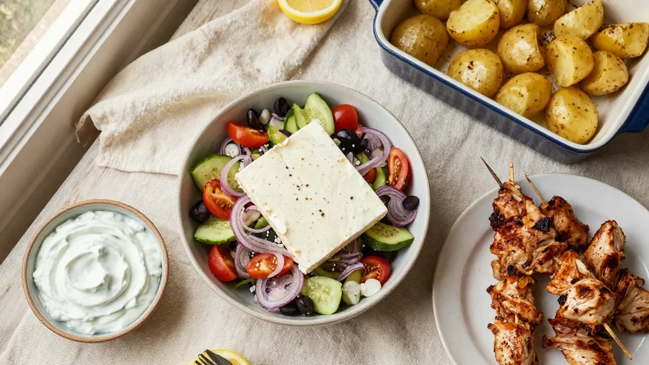 Greek table with horiatiki salad, chicken souvlaki, tzatziki and lemon potatoes