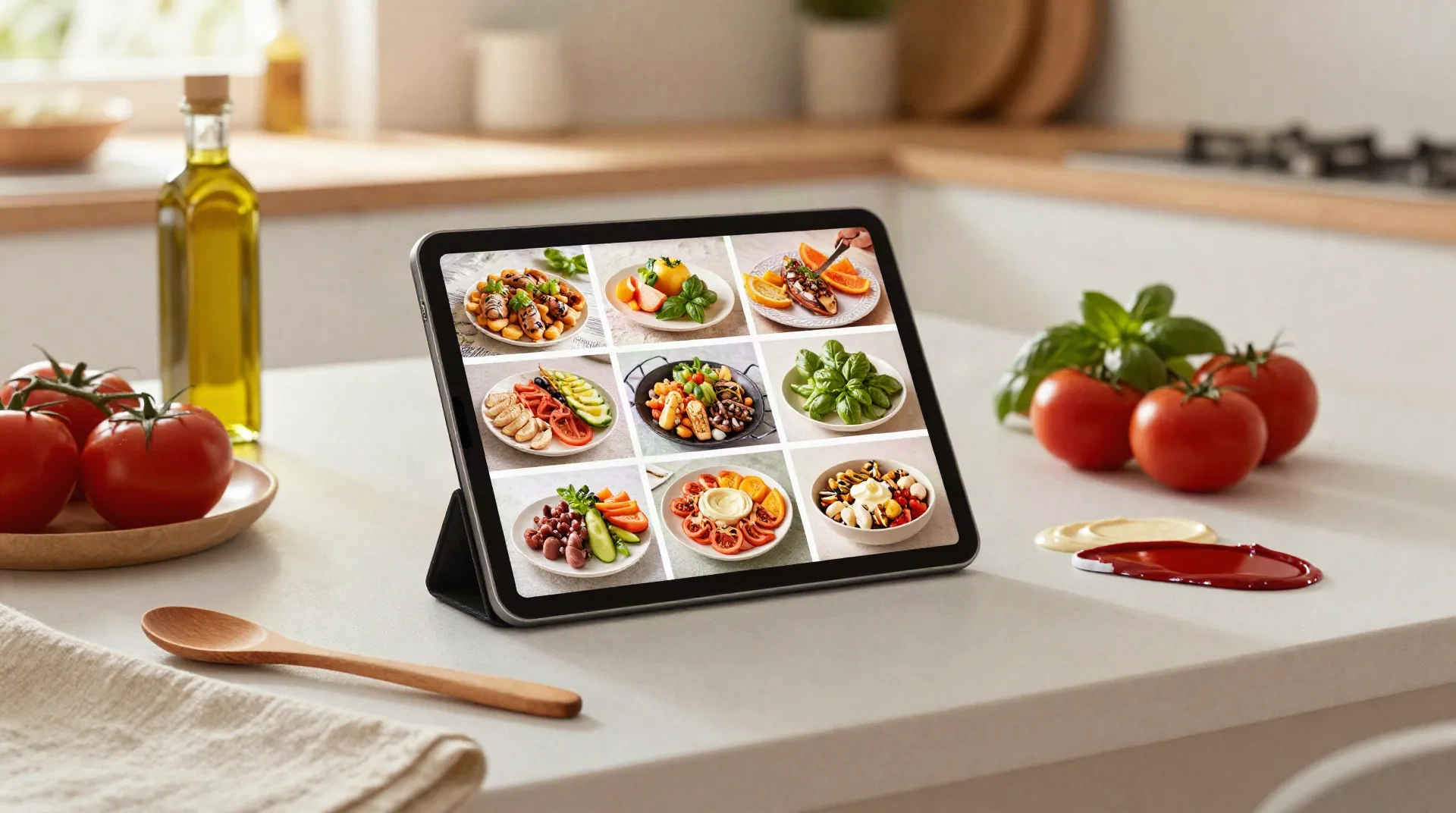Tablet on a kitchen counter showing a grid of recipe photos next to tomatoes, basil and olive oil