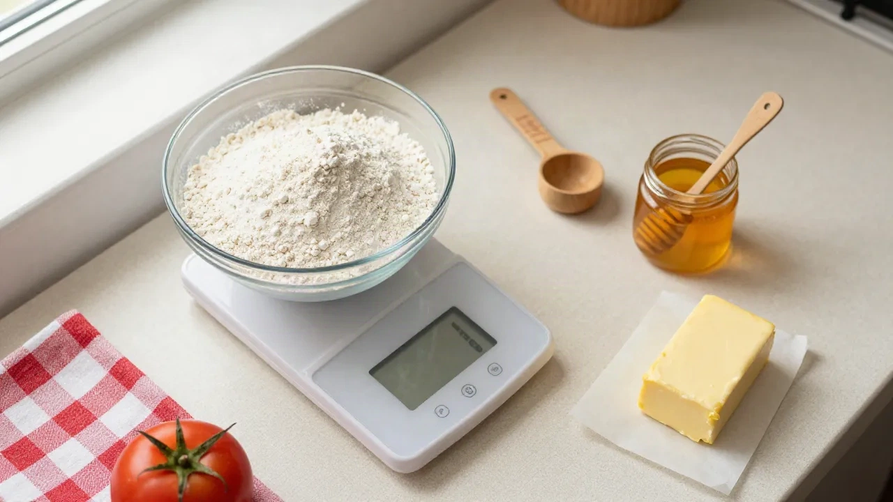 Kitchen scale with a bowl of flour, wooden measuring spoons, honey and butter on a cream counter
