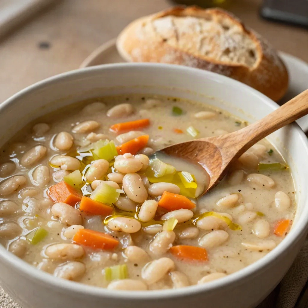 Marmite de fasolada, soupe grecque aux haricots blancs, avec un filet d'huile d'olive