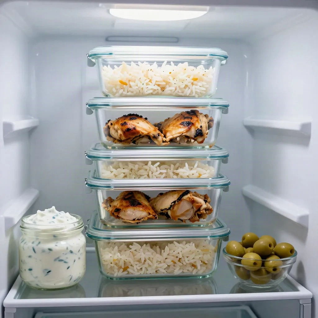Stacked glass containers of chicken and rice in a fridge next to tzatziki and olives