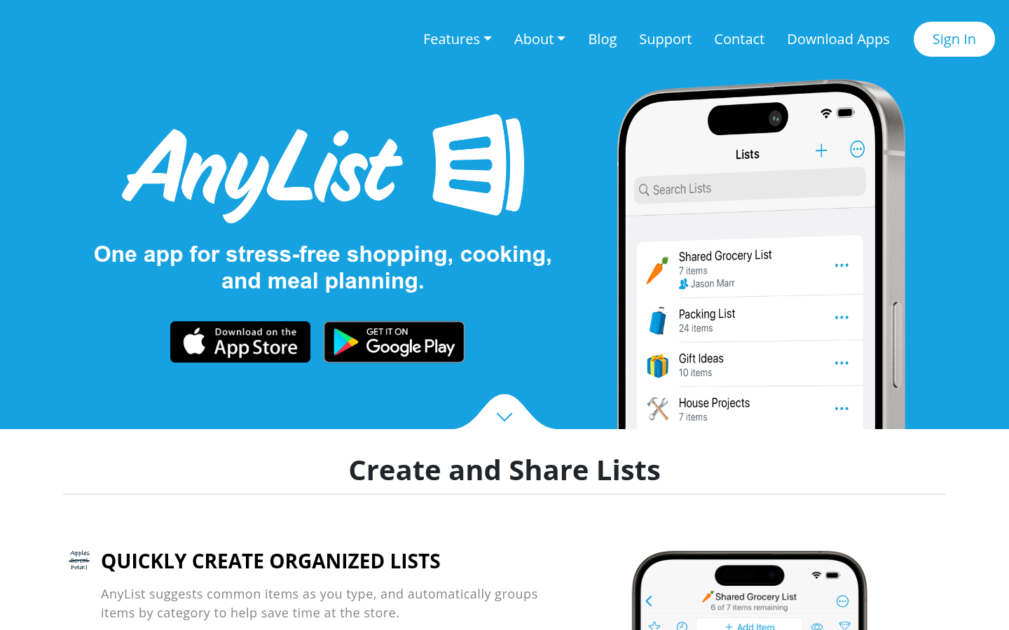 Page d'accueil d'AnyList affichant la liste de courses partagée sur iPhone