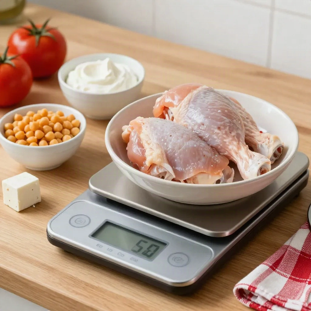 Raw chicken thighs in a bowl on a kitchen scale beside chickpeas, Greek yogurt and feta