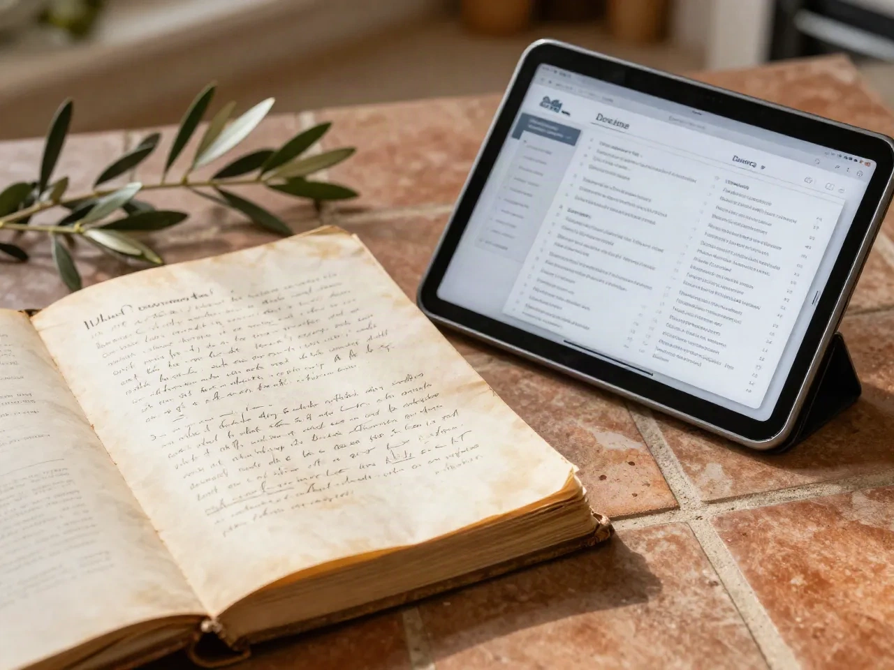 Stained handwritten family cookbook beside a tablet showing a clean digital recipe list