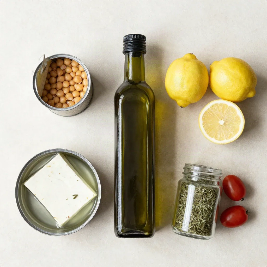 Lima bahan dasar Mediterania: minyak zaitun, kacang arab, lemon, keju feta, dan oregano kering