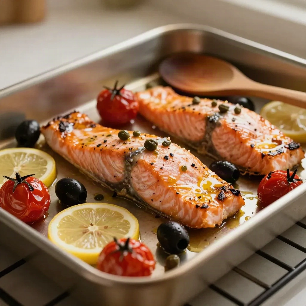 Salmon sheet pan dipanggang dengan tomat ceri, zaitun, kaper, dan irisan lemon