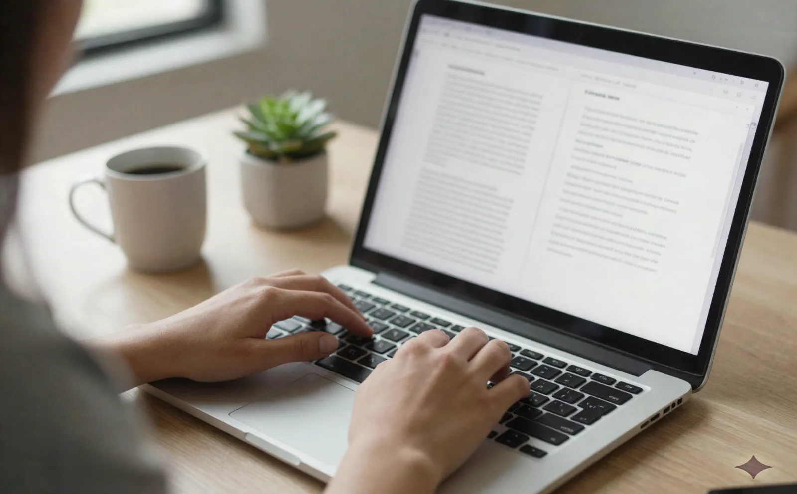 Close-up of hands typing on a laptop with a document open on screen