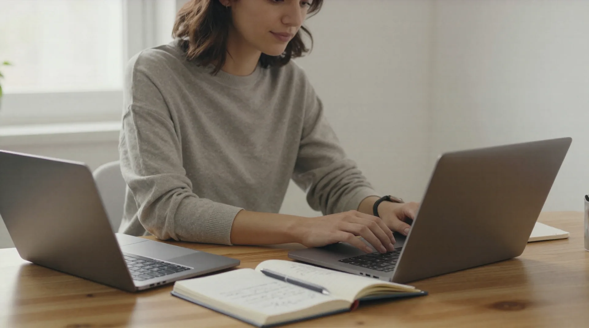 Freelance writer working at a desk with a laptop and handwritten notes