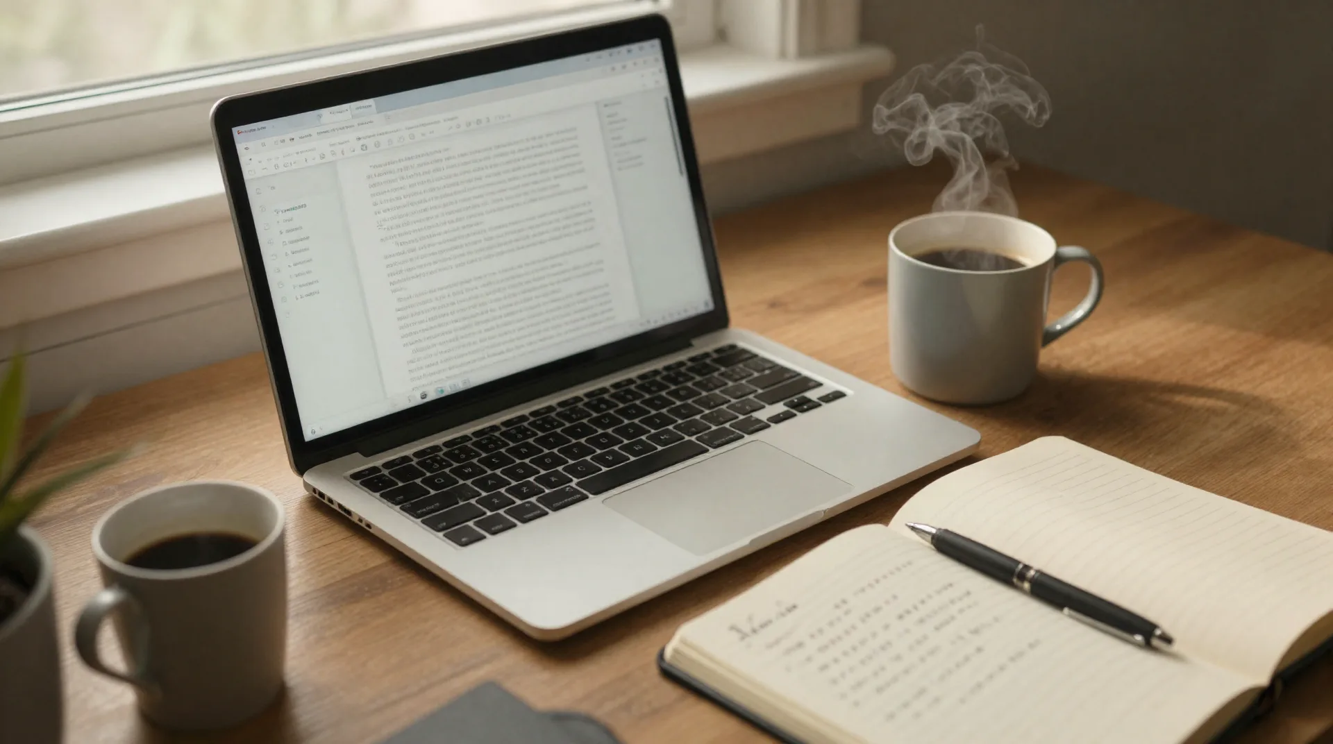 Writer's desk with a laptop, coffee, and a printed manuscript with handwritten notes