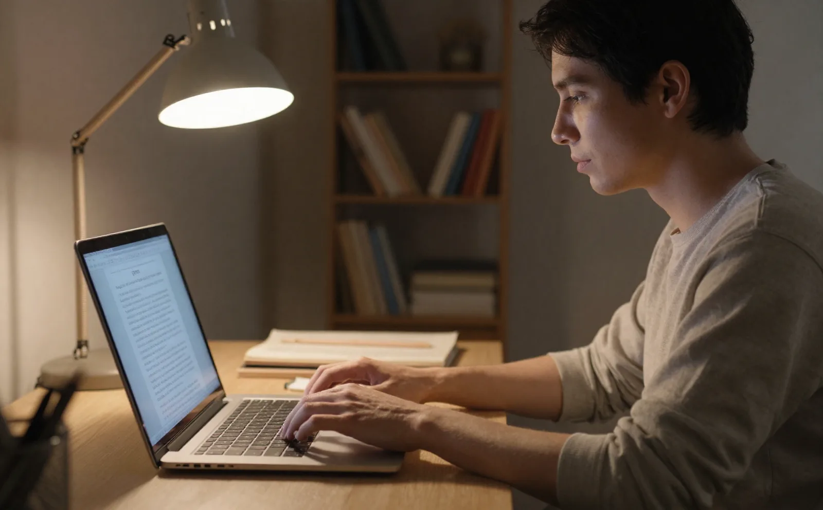 Författare som skriver på en laptop nattetid och redigerar ett genererat romankapitel