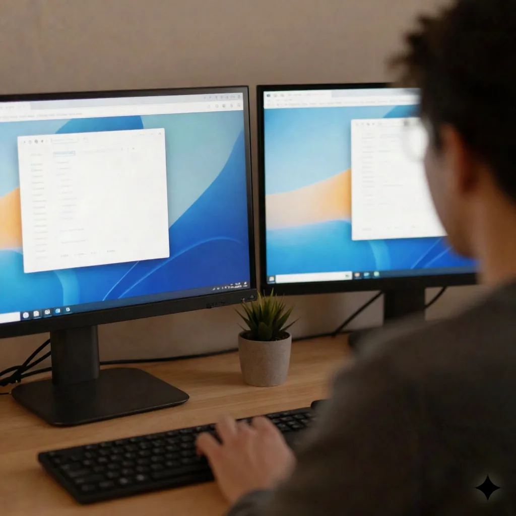 Person at a home office desk comparing two monitors side by side, shot from behind
