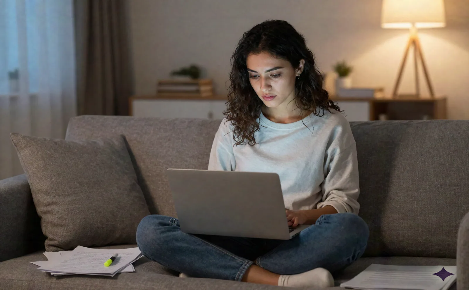 Student reviewing printed pages with handwritten notes next to a laptop