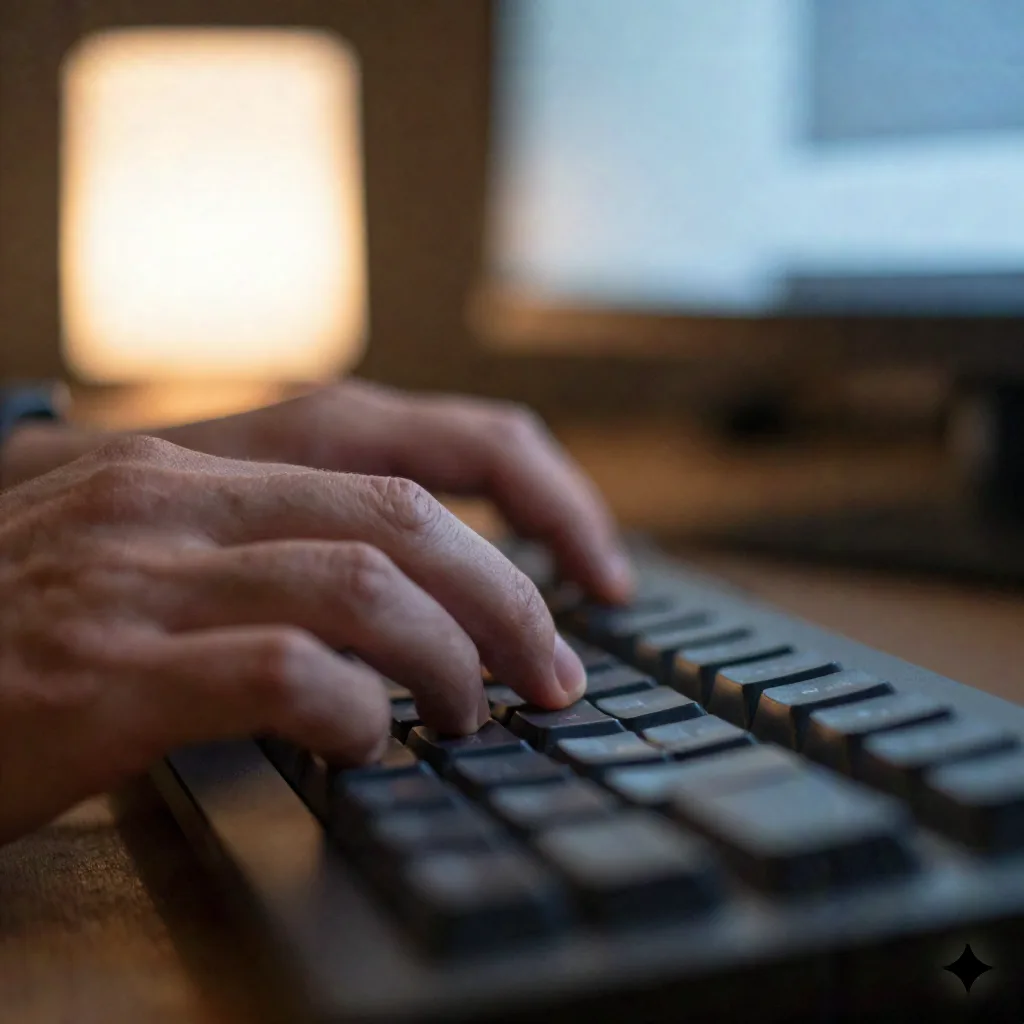 Close-up of hands typing on a keyboard with a blurred monitor glow behind