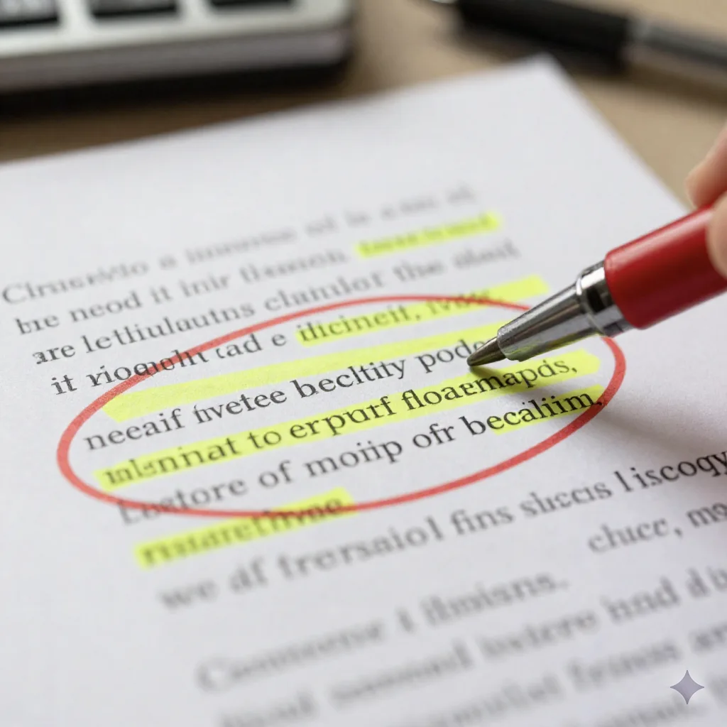 Printed page with red pen circles and highlighter marks over a paragraph, editing pass