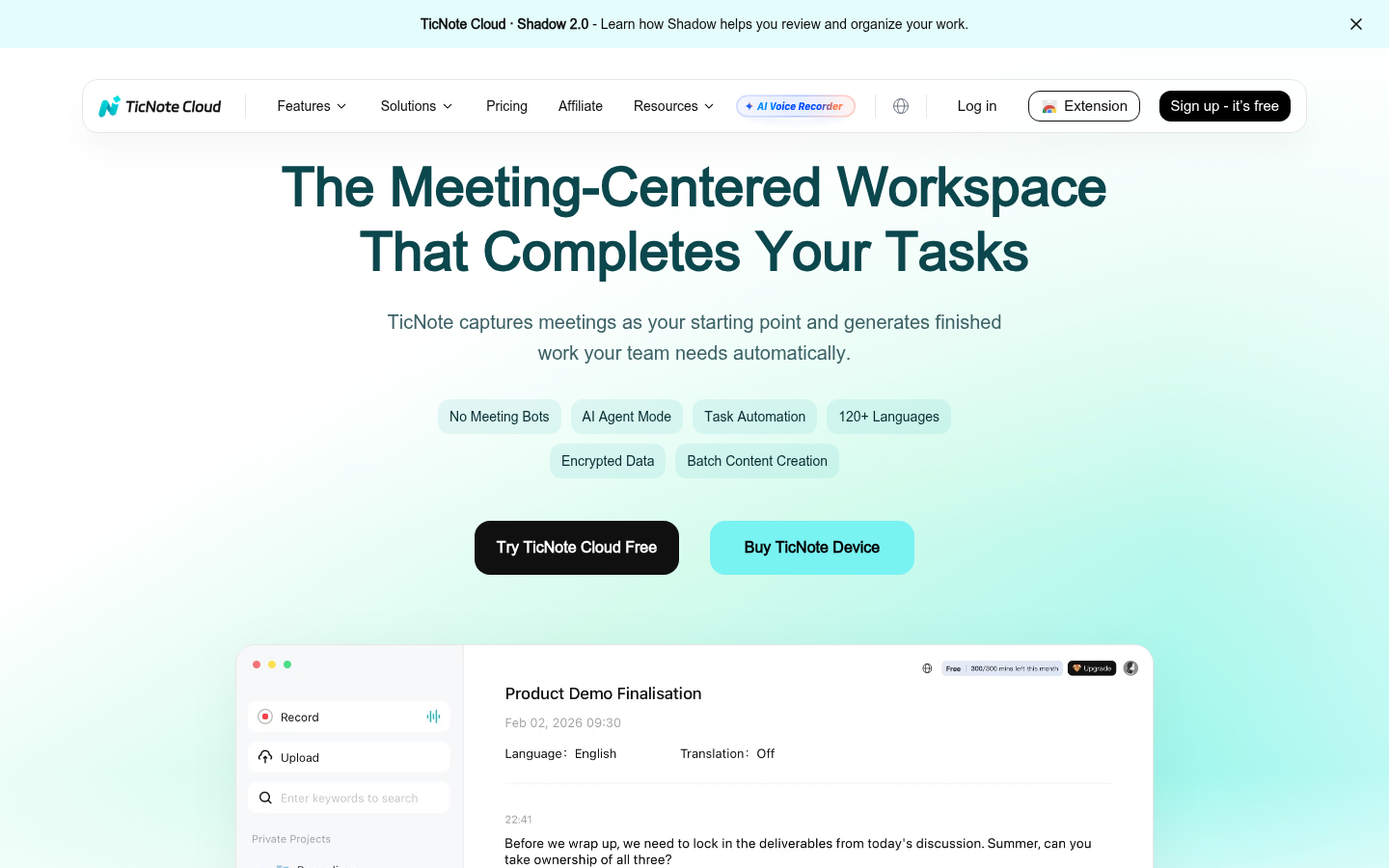 TicNote Cloud Startseite mit dem meeting-zentrierten KI-Arbeitsbereich und einer Shadow-Agent-Übersicht