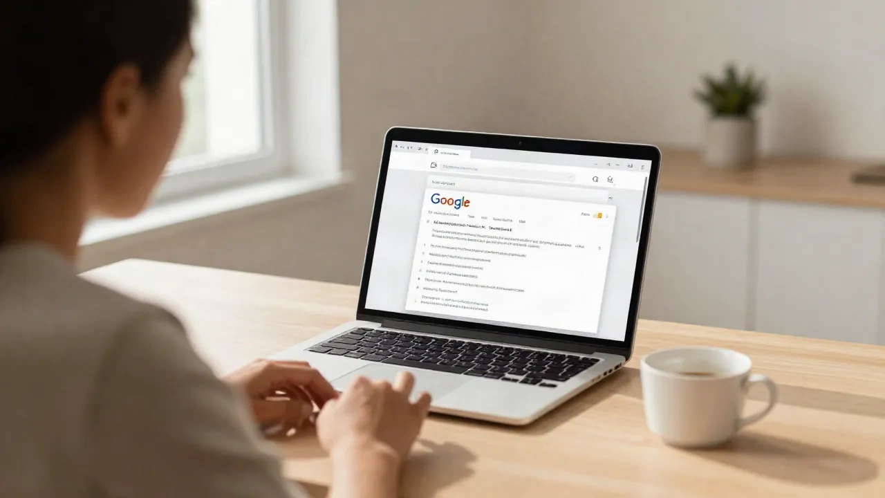 Writer at desk with AI-generated search overview visible on laptop screen