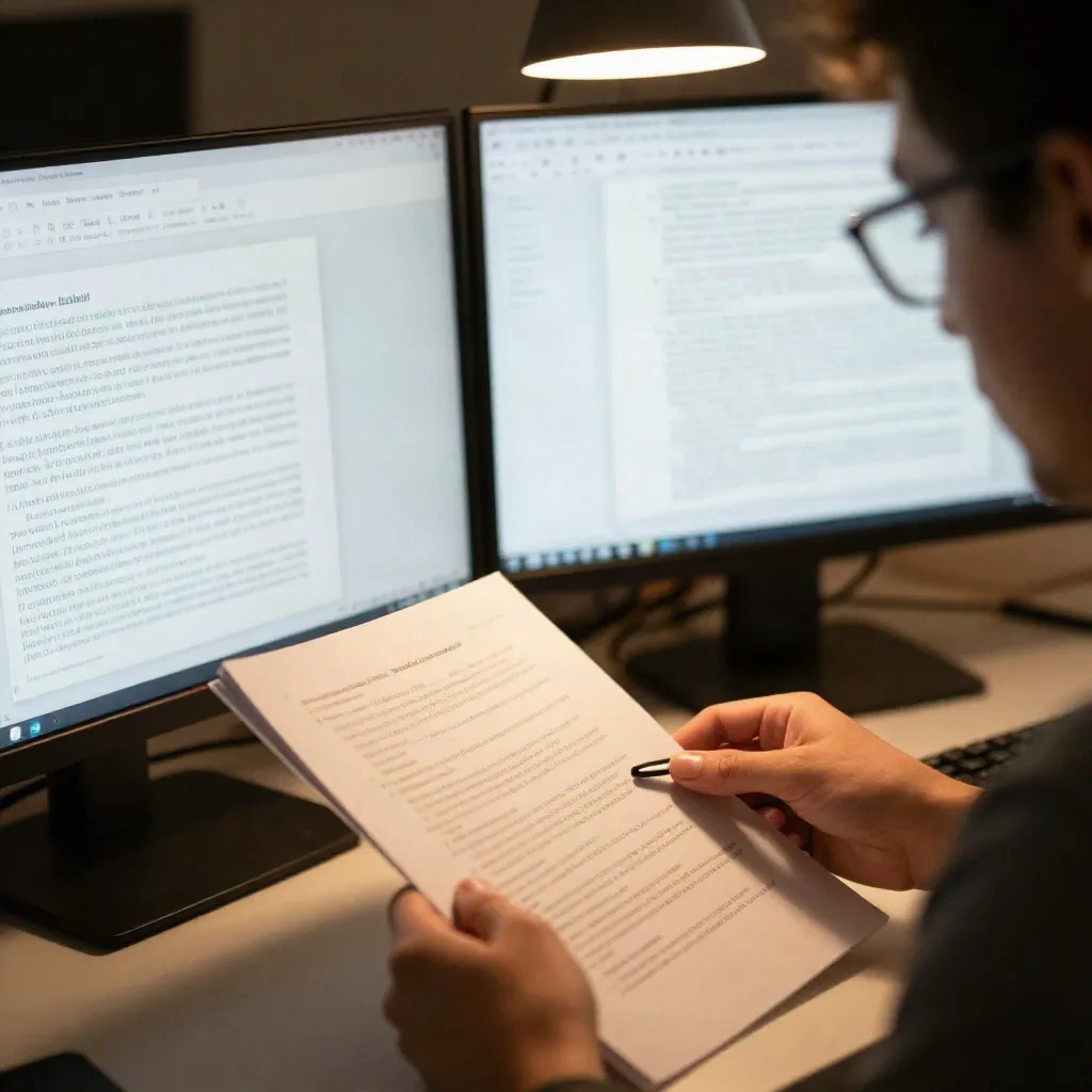 A writer comparing two pitch document versions side by side on dual monitors, editorial review process
