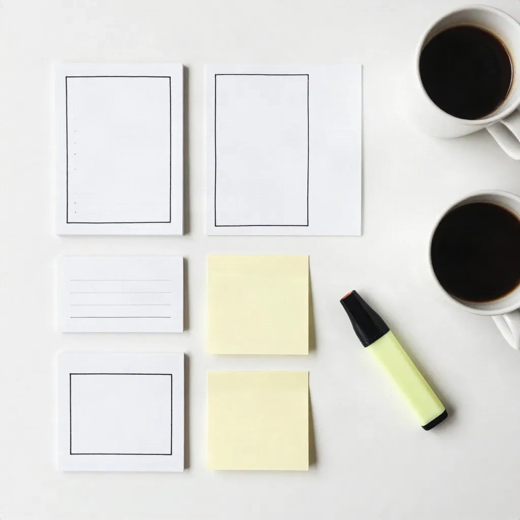 Flat-lay of structured writing notes and outline cards on a desk