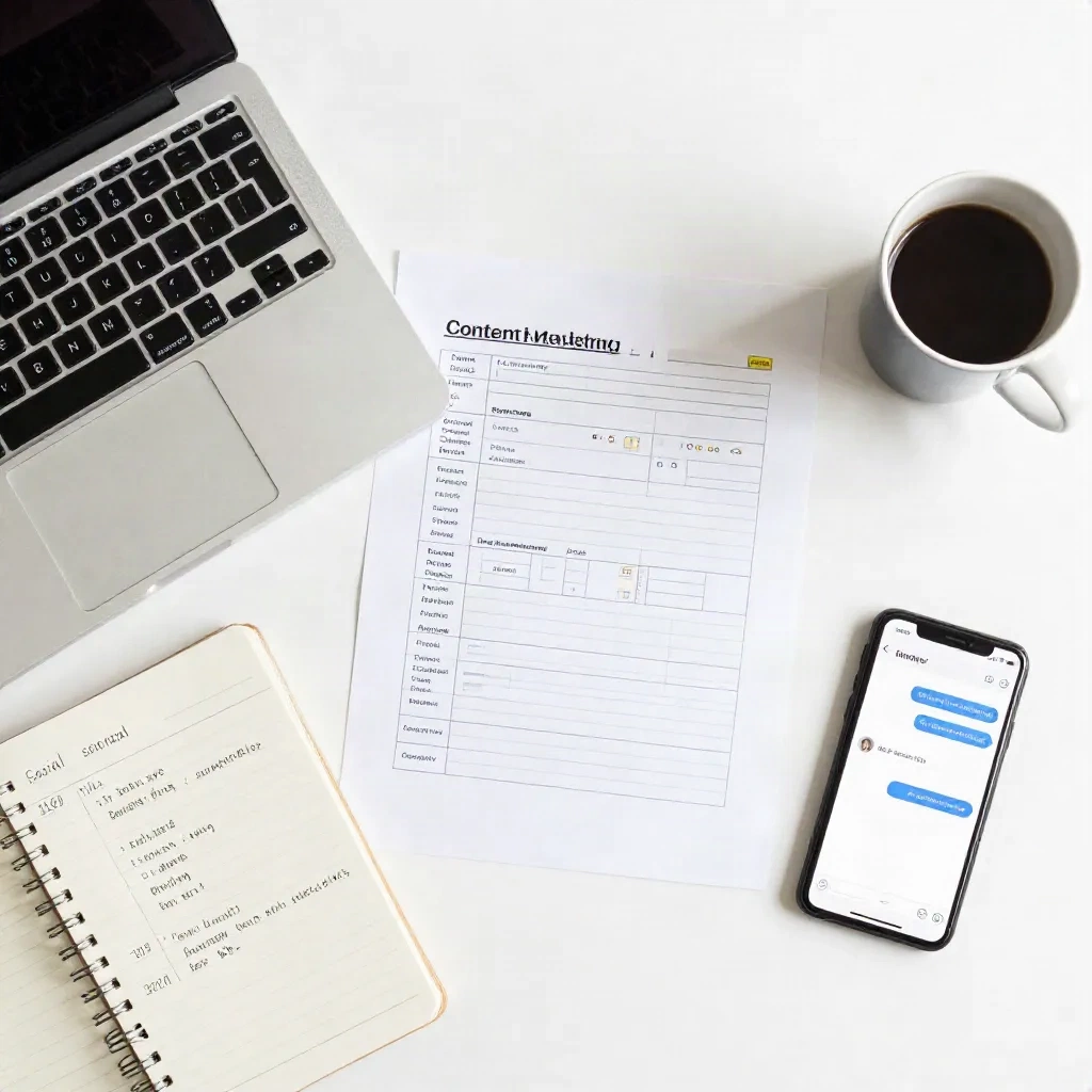 Content marketing flat-lay mit bedruckten Drafts, Notizbuch und Laptop auf weißem Schreibtisch