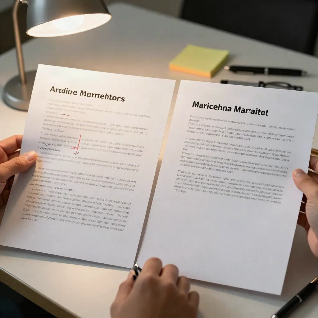 Marketer comparing two printed document versions mit handschriftlichen Notizen auf Schreibtisch