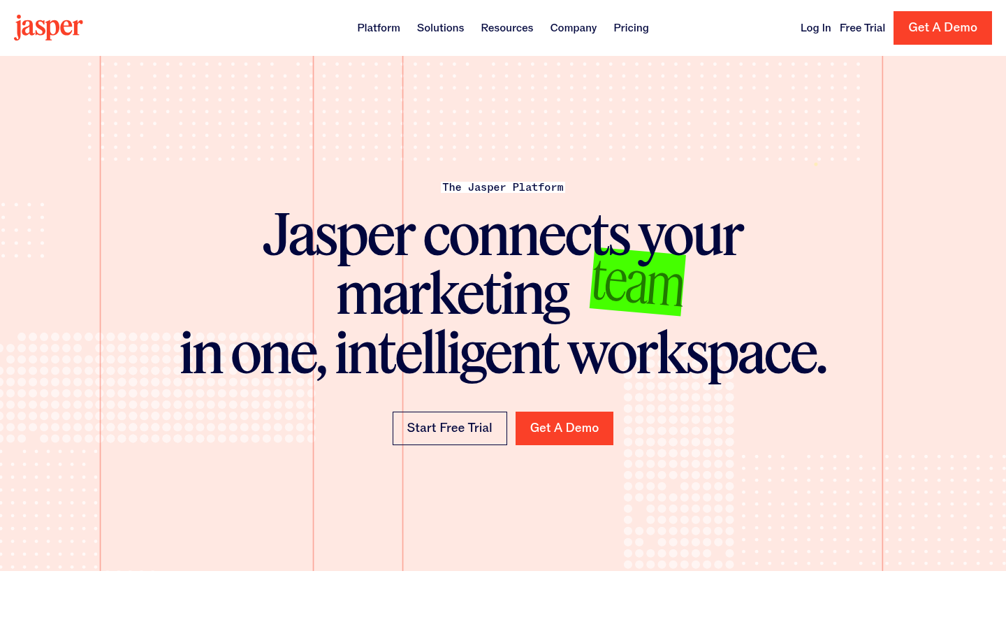 Jasper AI platform overview page listing Canvas, Agents, and Brand IQ features