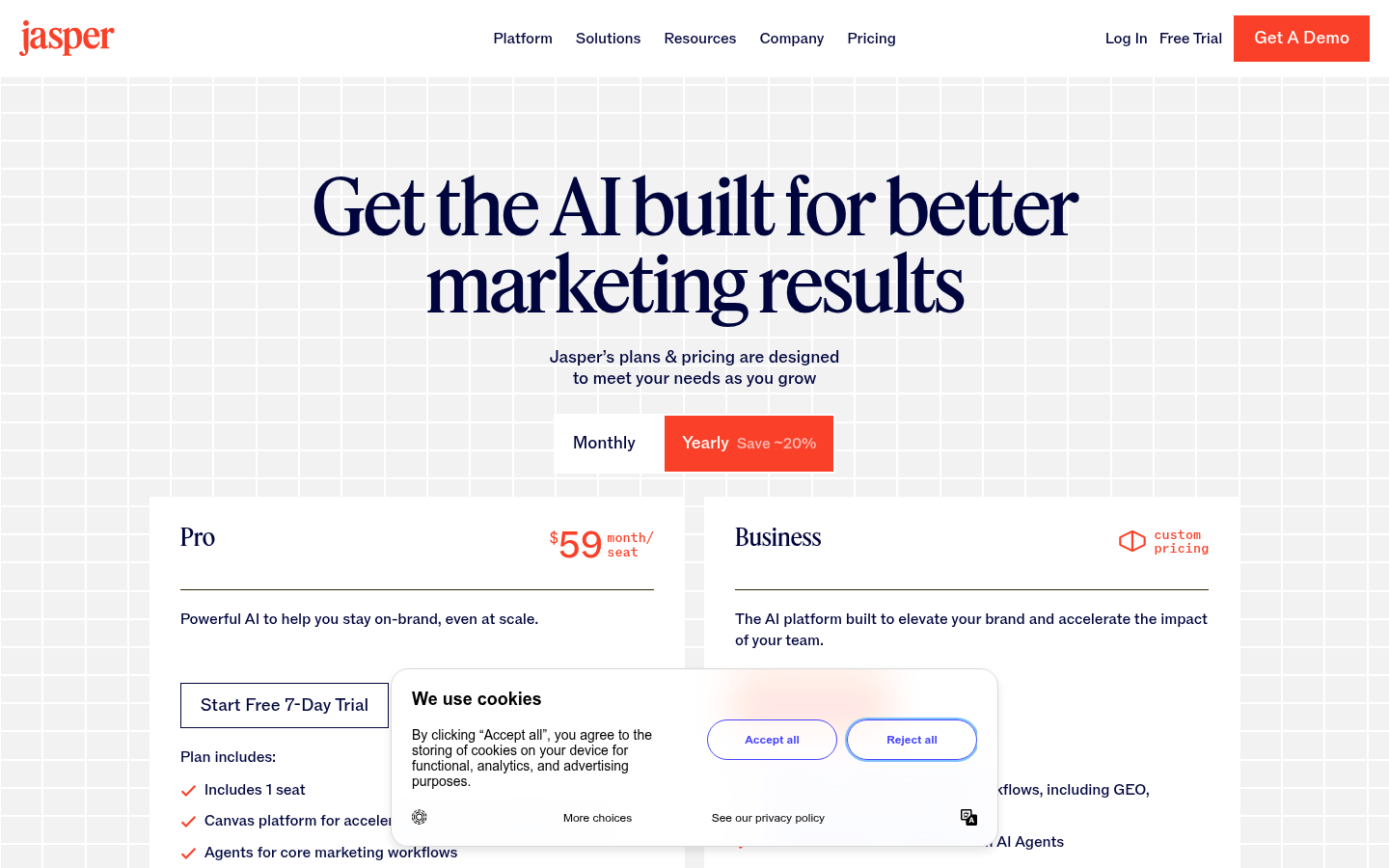 Jasper AI pricing page listing the Pro and Business plans