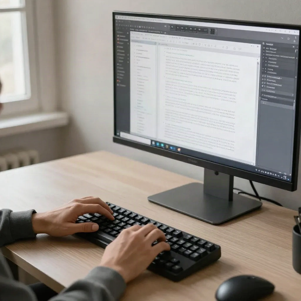 Professional typing on keyboard an standing desk mit text editor sichtbar auf monitor