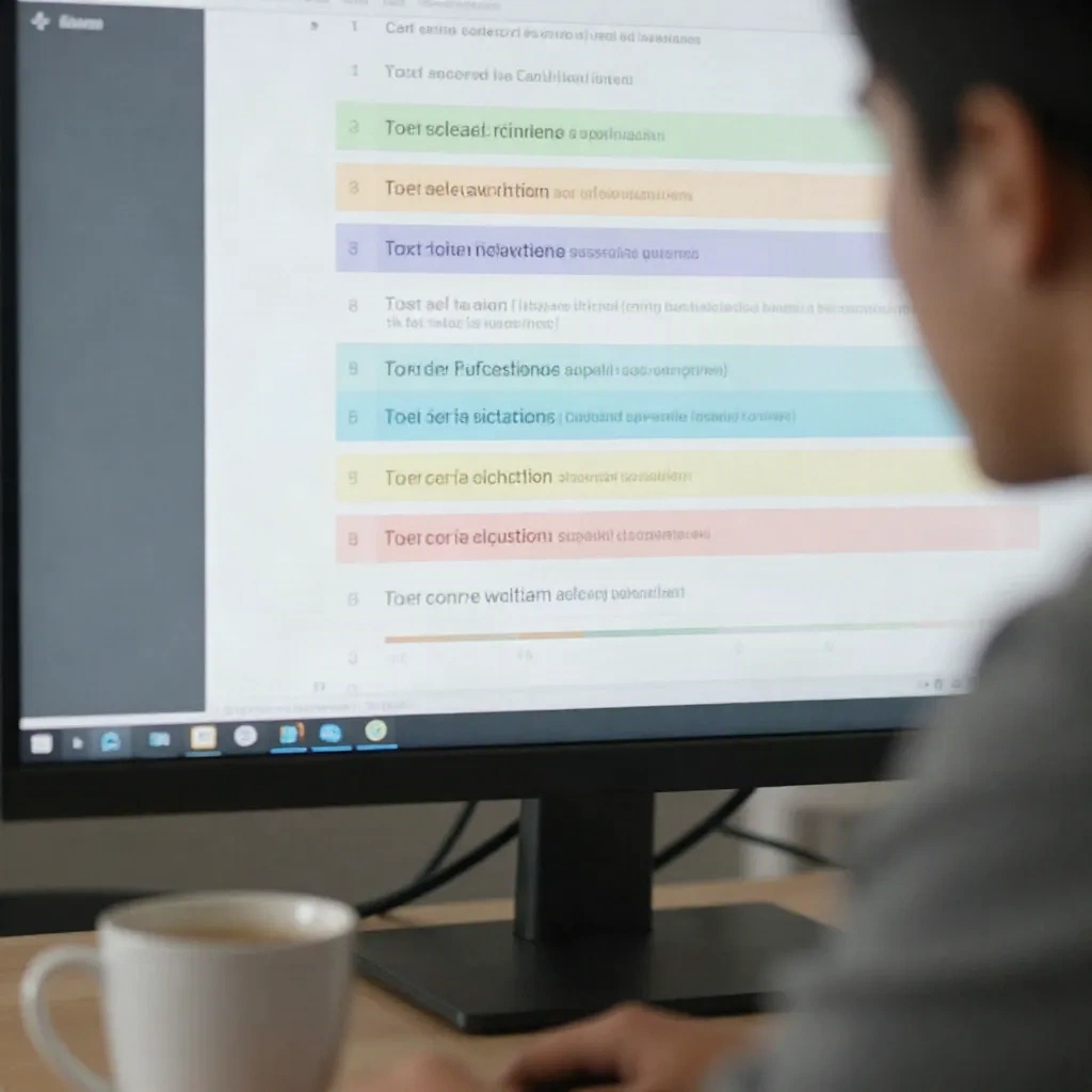 Writer reviewing a structured document with hierarchical content sections for AI optimization