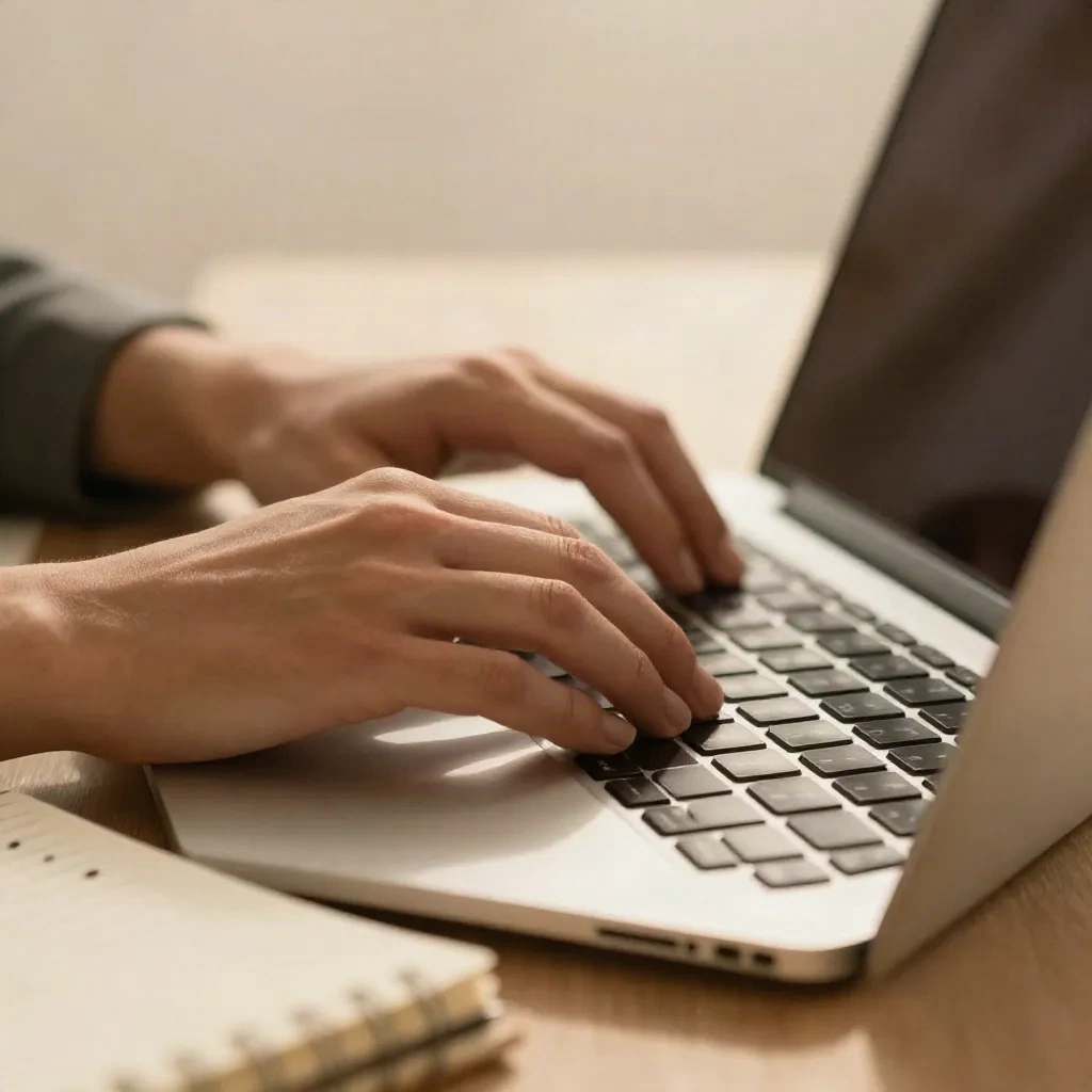 Writer typing on laptop with handwritten notes on the side