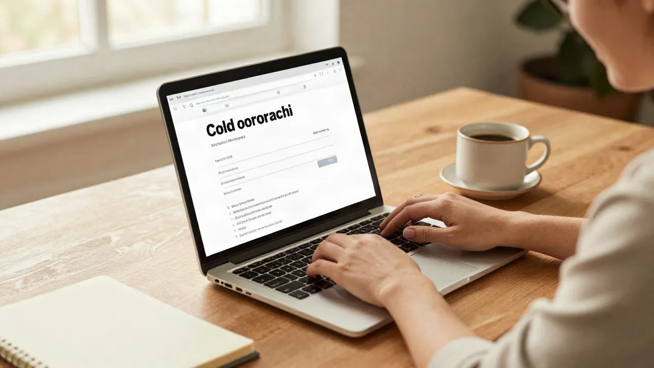 Ein Marketer tippt eine personalisierte Kaltakquise-E-Mail auf einem Laptop an einem warmen Holzschreibtisch