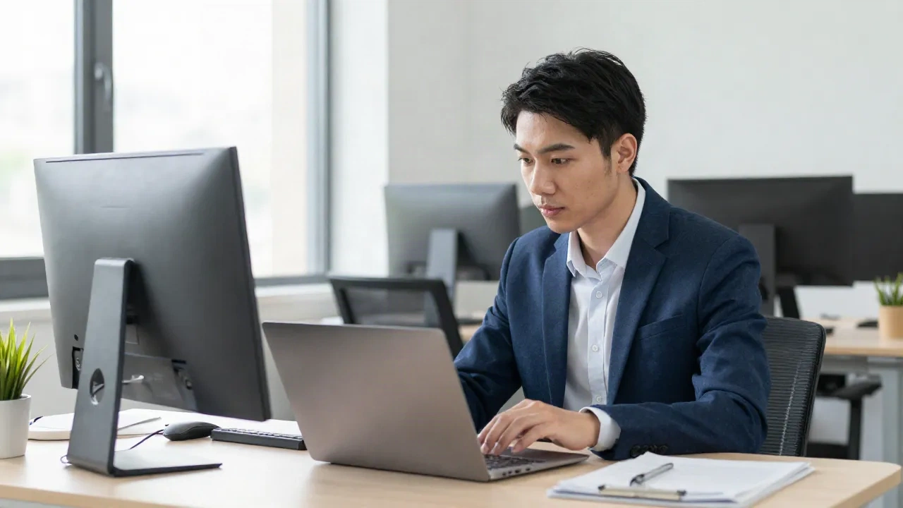 A public relations professional reviewing AI-generated media content on a laptop in a bright modern office