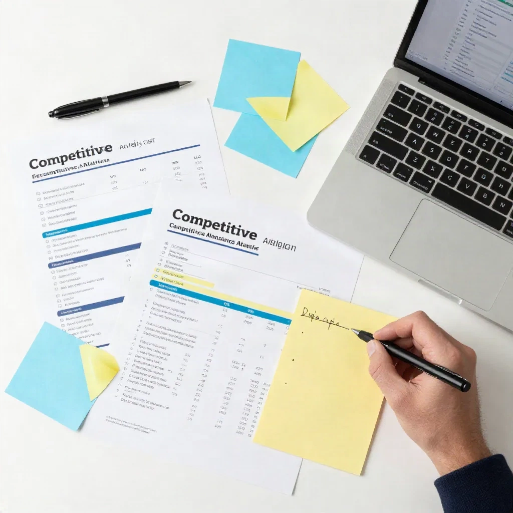 Competitive analysis documents and color-coded notes on a desk